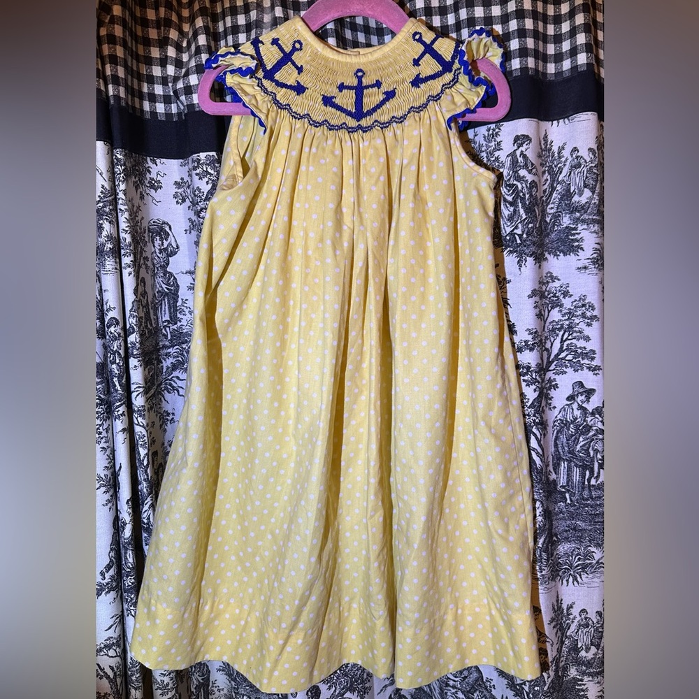 Yellow Polka Dot Smocked Nautical Anchor Dress for Girls